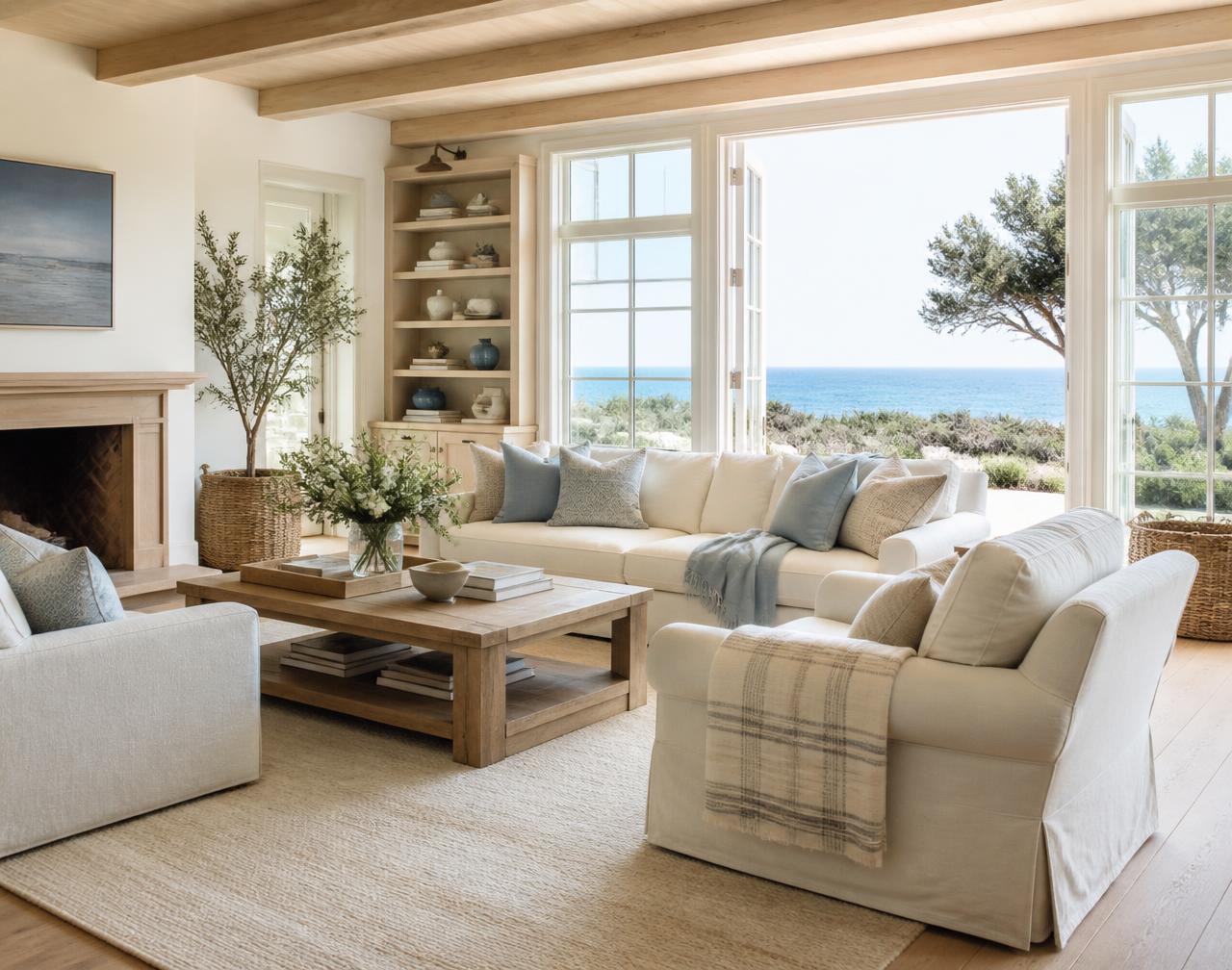 Sunlit living room of a Disney-area vacation home with linen sofas and open garden doors